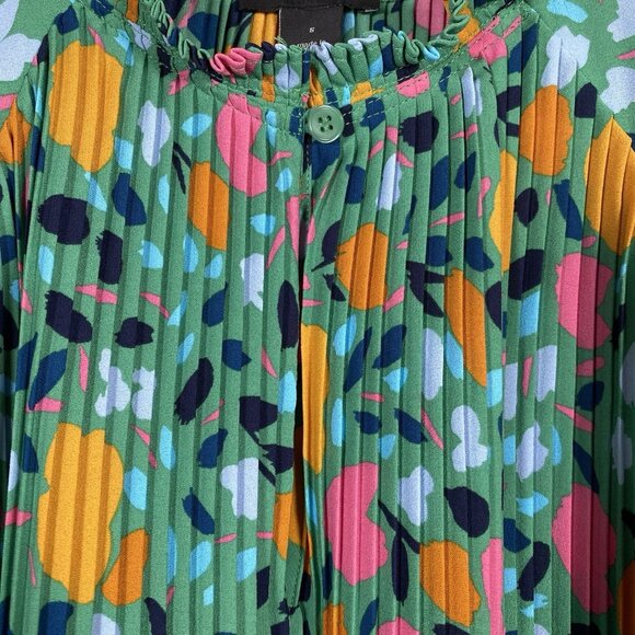 Halogen Pleated Long Sleeve Blouse S Colorful Abstract Floral Print Ruffle Neck - Picture 5 of 11